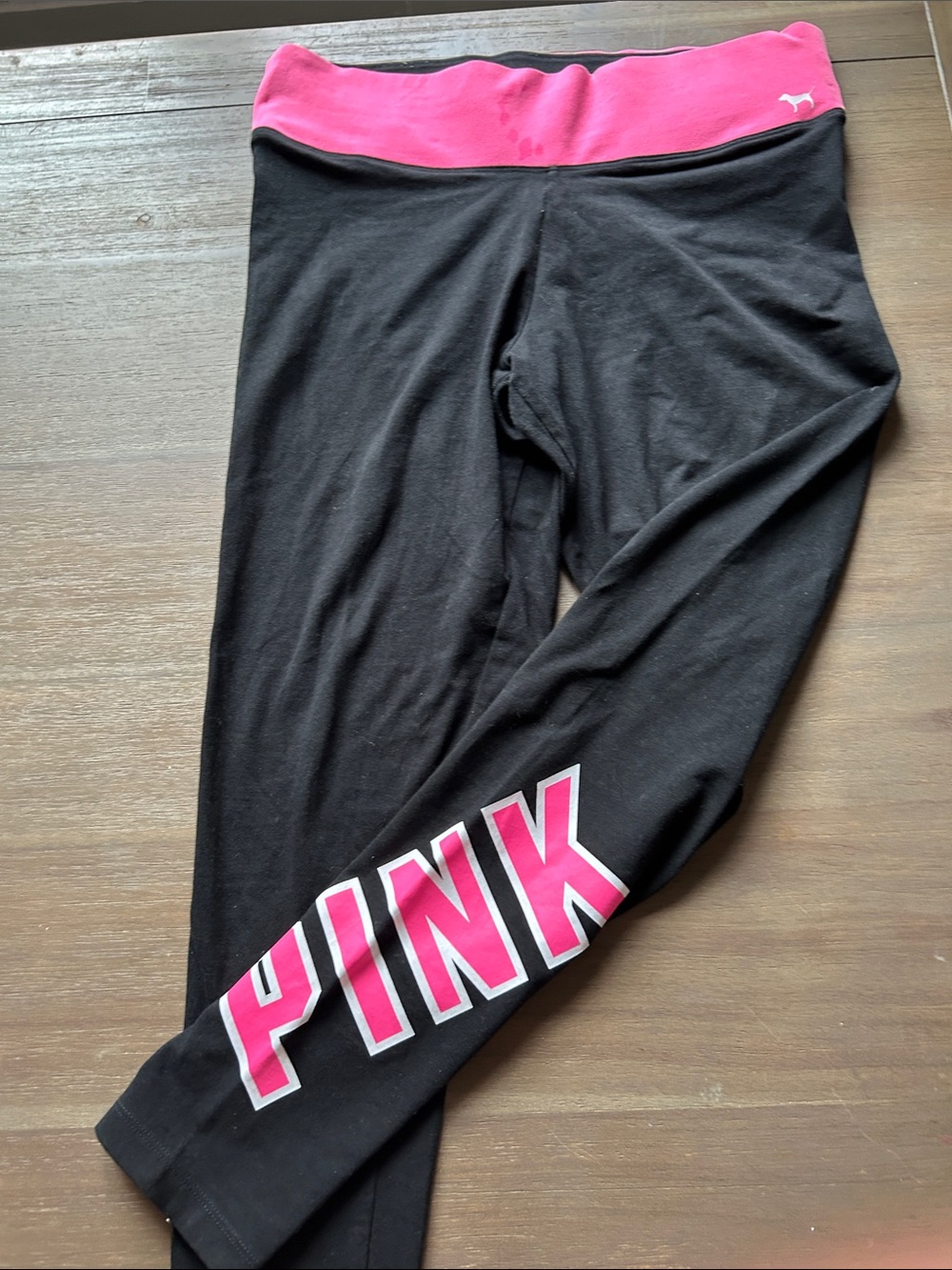 PINK Victoria's Secret Black Leggings with Hot Pink Waistband and Logo